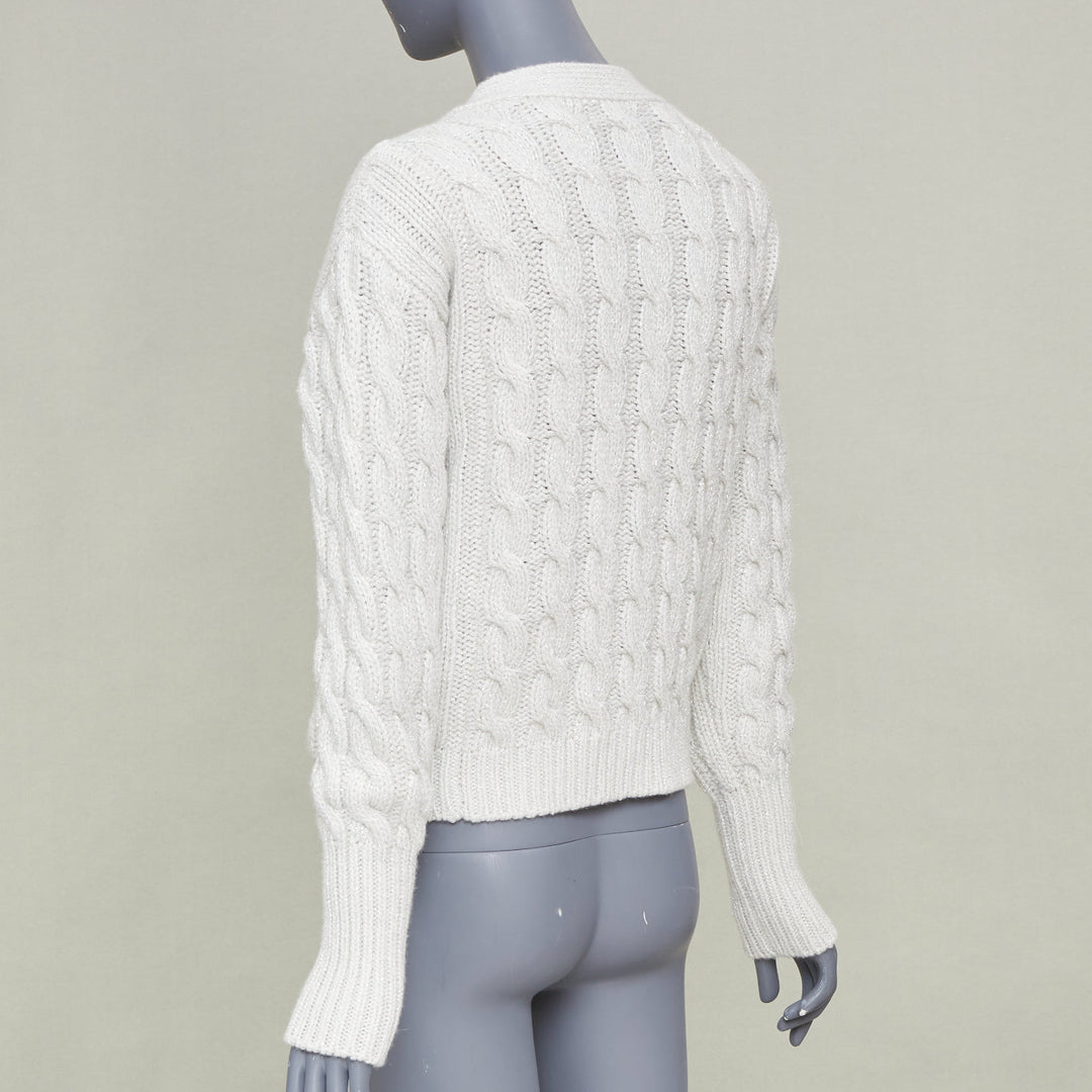 GUCCI 2024 Runway grey lurex metallic cable knit wool cashmere cardigan XS