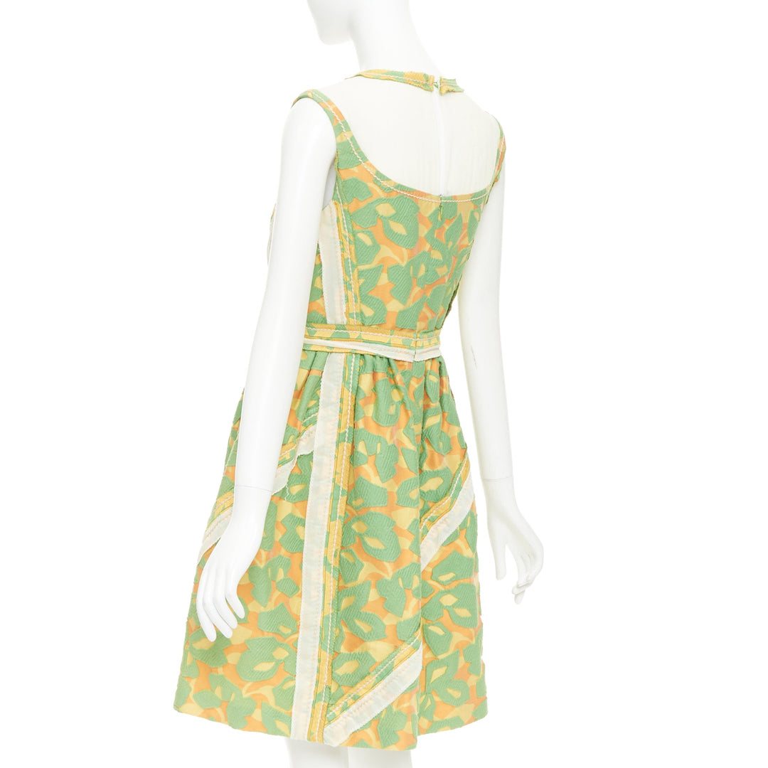 PRADA 2015 Runway green orange raw edge brocade stitch patchwork dress IT40 S