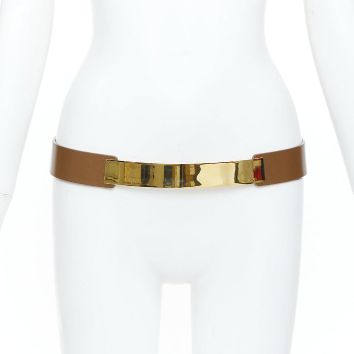 GUCCI 2012 Runway gold metal bar plate brown smooth leather wide waist belt 80cm