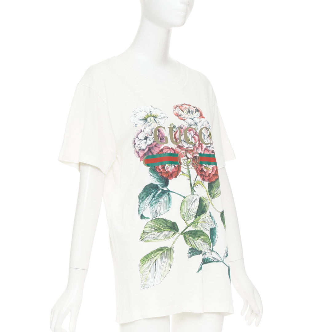 GUCCI Alessandro Michele white floral bloom vintage logo green red web tshirt XS
