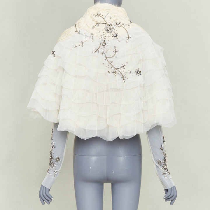 MAURIZIO PECORARO beige fur lined embellished chiffon mesh ruffle shawl IT40 S