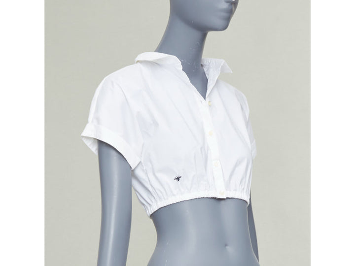 CHRISTIAN DIOR KIDS white cotton blend black bee embroidered crop shirt 12Y XS