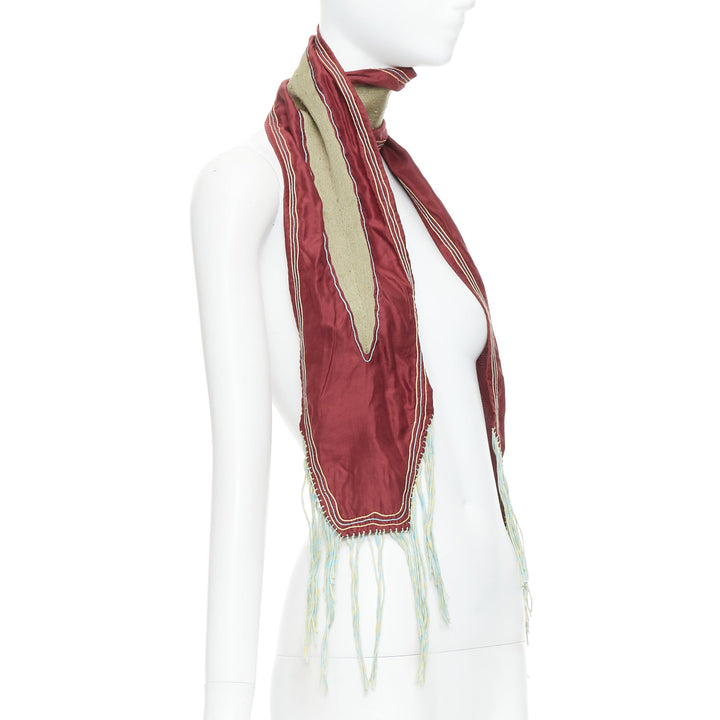 DRIES VAN NOTEN burgundy green silk cotton fringe wrap scarf