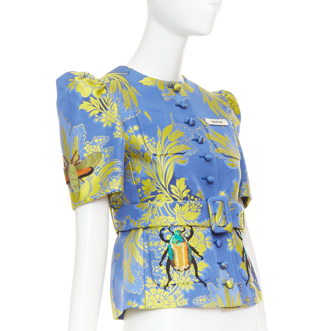 rare GUCCI 2017 blue yellow beetle embroidery floral jacquard belt jacket IT40 S