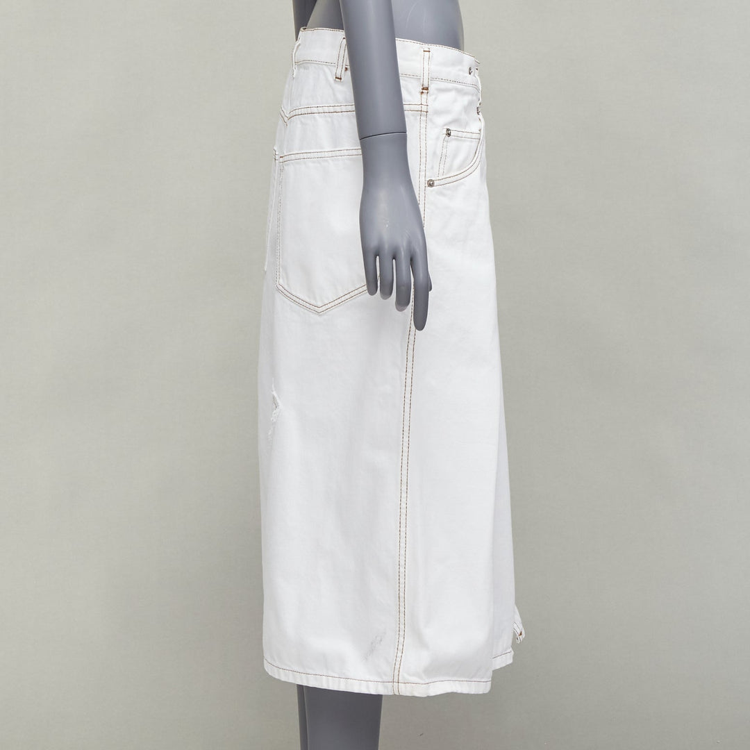 DRIES VAN NOTEN white cotton brown overstitched A-line denim skirt FR38 M