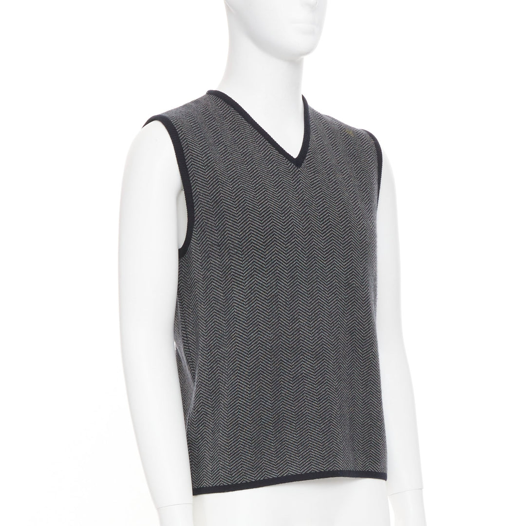 PRADA Vintage herringbone chevron contrast trim cashmere v-neck vest top IT48 M