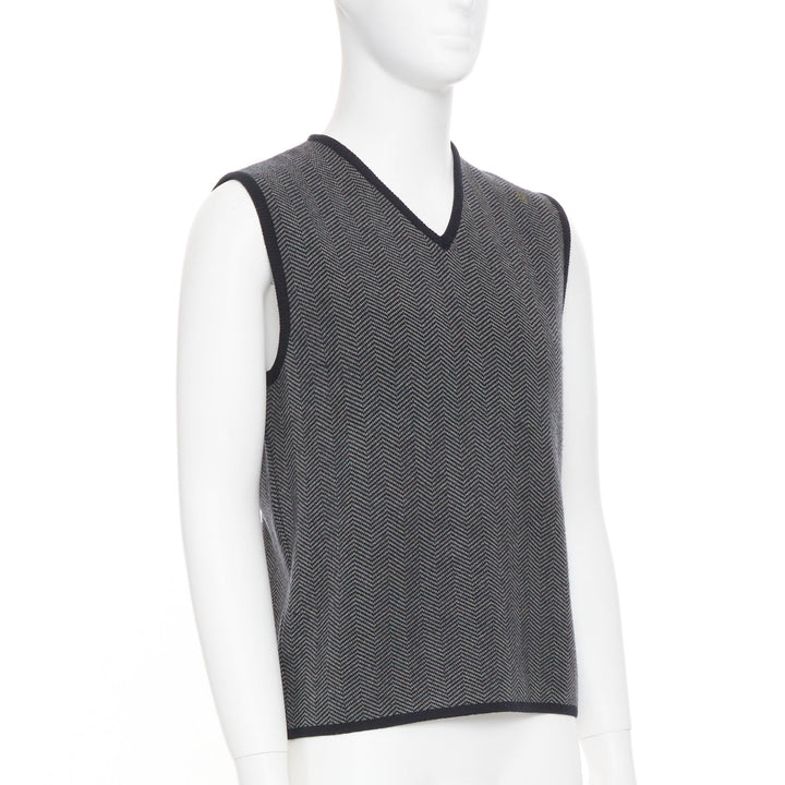 PRADA Vintage herringbone chevron contrast trim cashmere v-neck vest top IT48 M