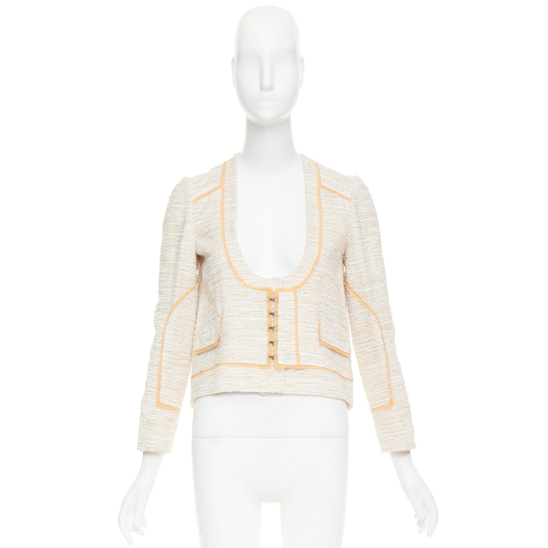 PROENZA SCHOULER 2011 beige cotton tweed orange trim scoop jacket US2 S