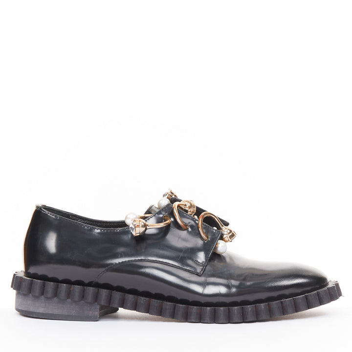 COLIAC Fernanda black pierced leather pearl bar charm dress shoes EU37