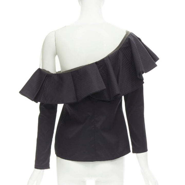 JOHANNA ORTIZ Lazarote black cotton mesh yoke ruffle off shoulder top US2 XS