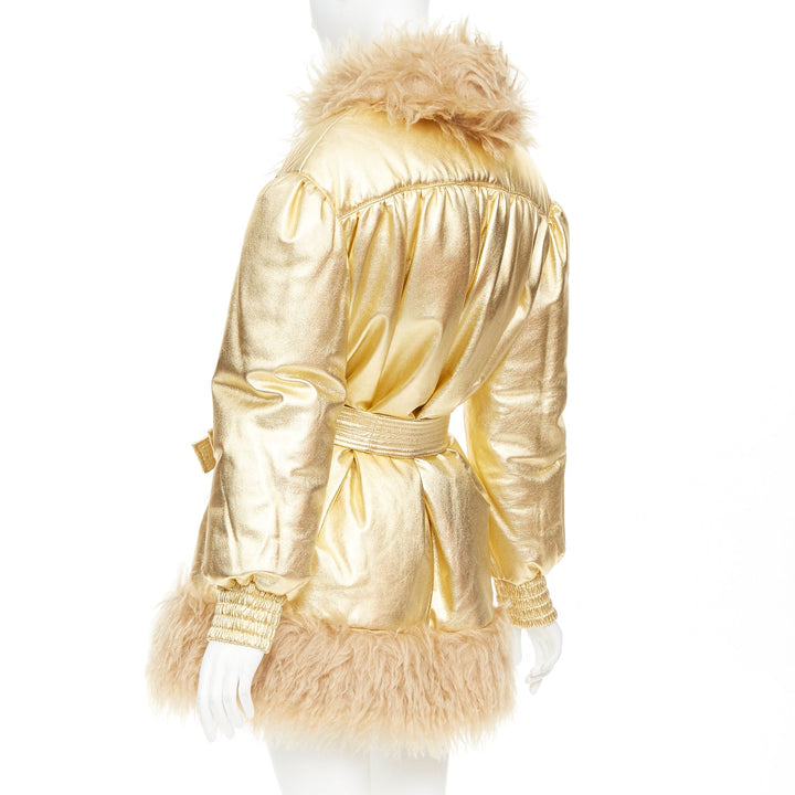 MIU MIU 2019 gold lambskin brown mohair shaggy fur collar robe coat IT36 XXS