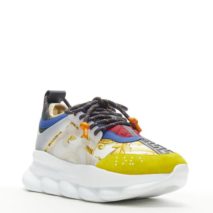 VERSACE Chain Reaction gold barocco twill yellow blue suede sneaker EU40 US7