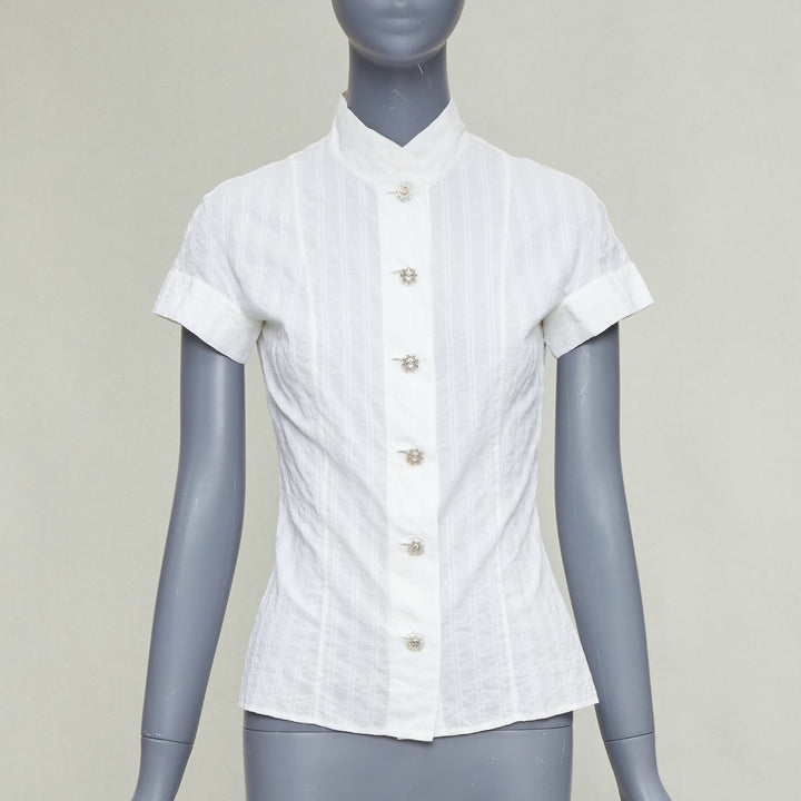 CHANEL 2016 cream cotton CC logo striped fitted shirt FR34 XS