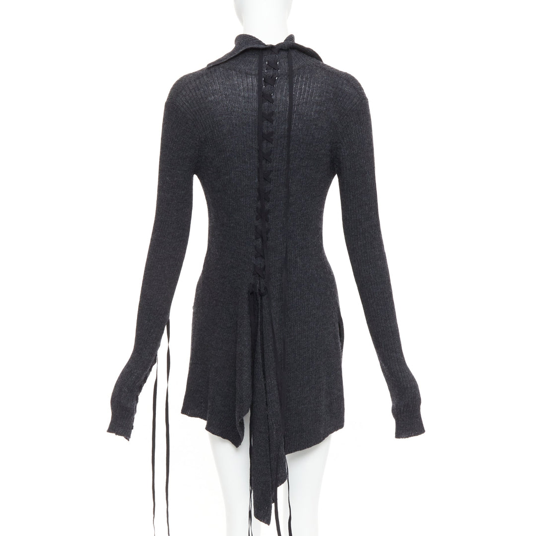 Y'S YOHJI YAMAMOTO grey  wool laced up hi low handkerchief turtleneck top JP2 M
