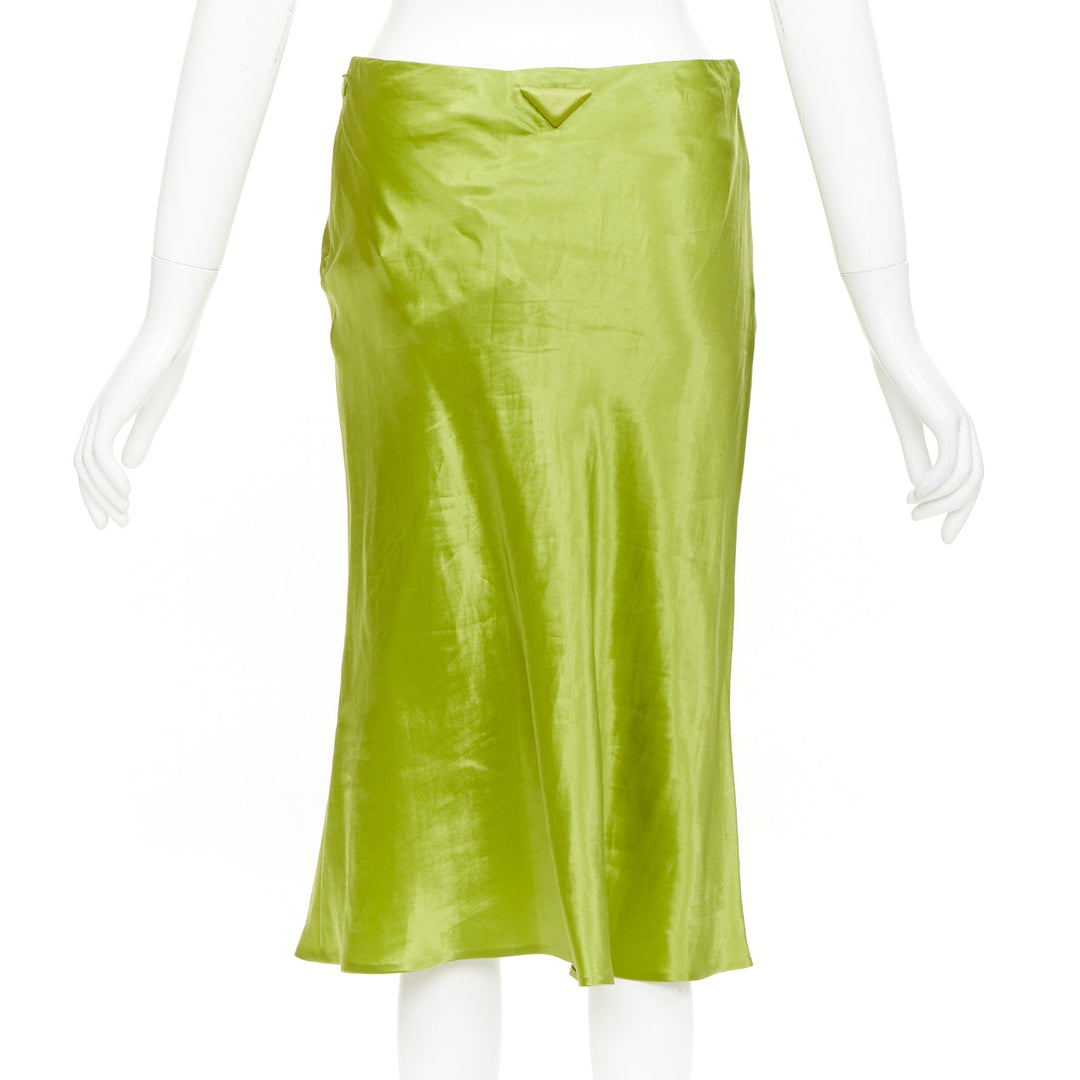 PRADA 2022 Runway fern green satin triangle logo trailing skirt IT38 XS