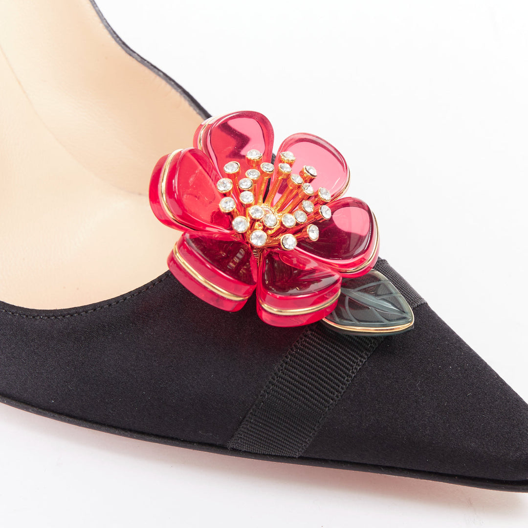 JIMMY CHOO Entice black satin grosgrain red acyrlic flower brooch pumps EU37