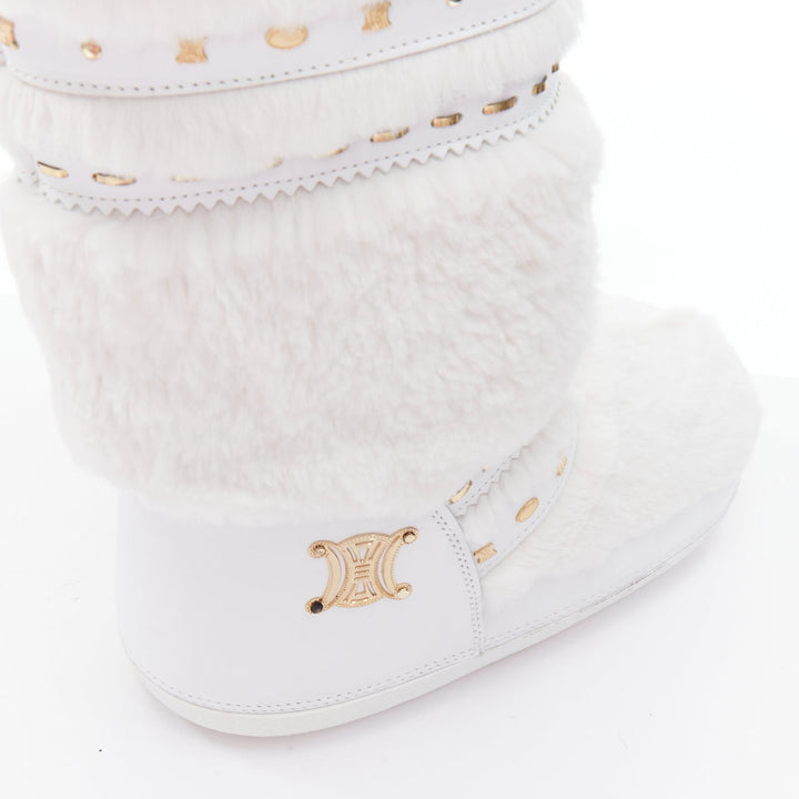 rare CELINE Macadam white gold logo faux fur Triomphe snow boots EU38-40