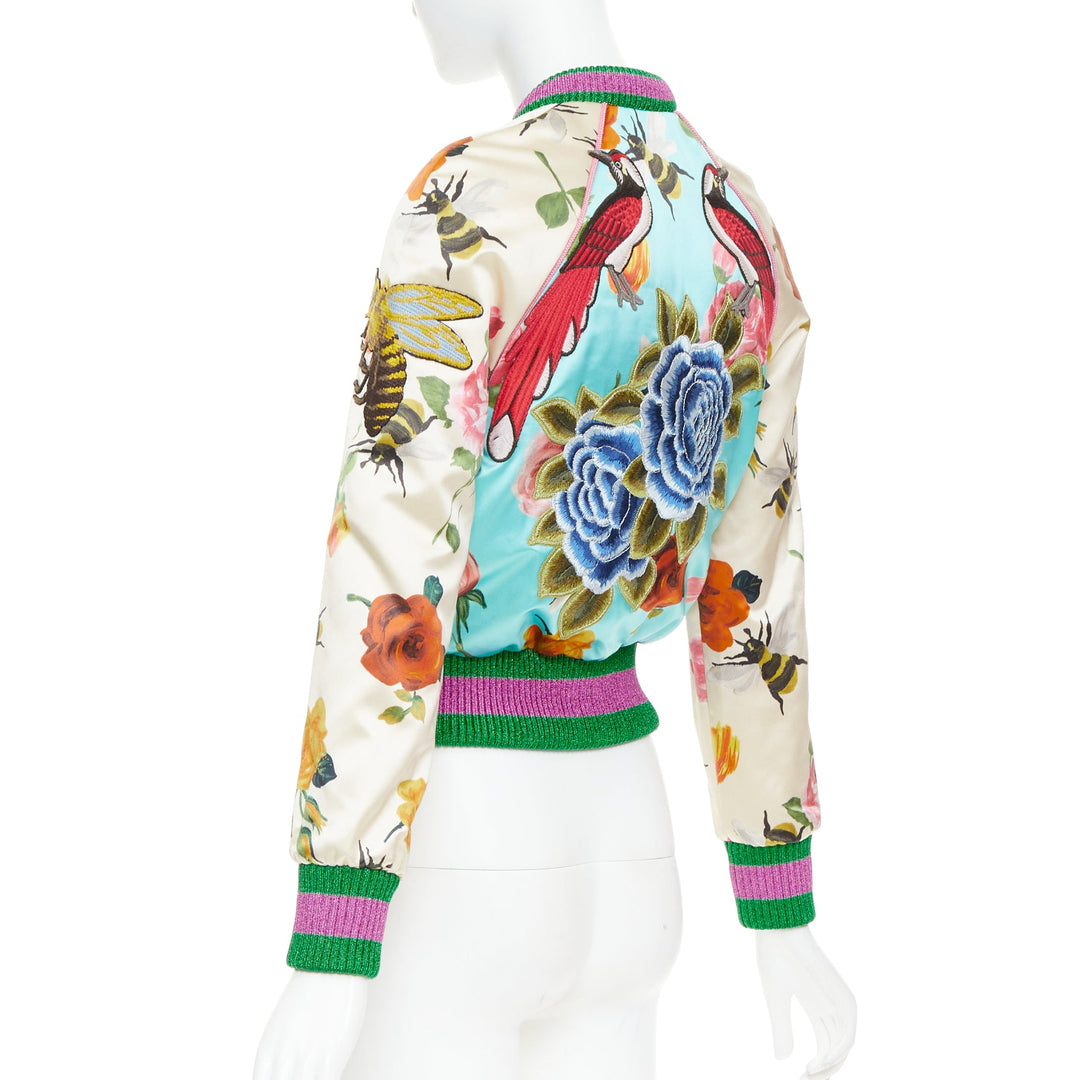 GUCCI 2016 Michele Runway blue silk insect embroidery bomber jacket IT36 XXS