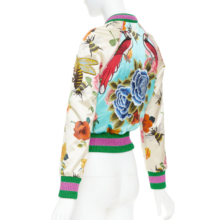GUCCI 2016 Michele Runway blue silk insect embroidery bomber jacket IT36 XXS