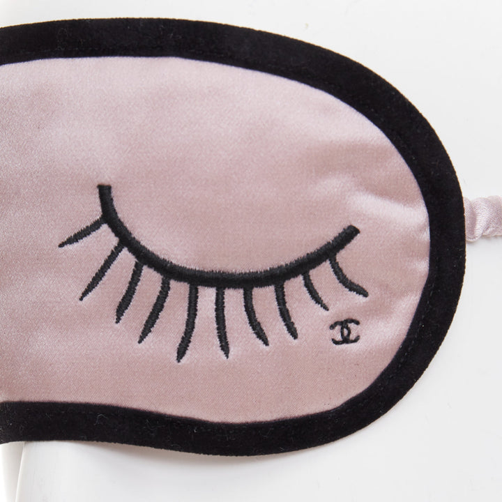 rare CHANEL pink 100% silk CC tear eyelash embroidery sleeping mask pouch set