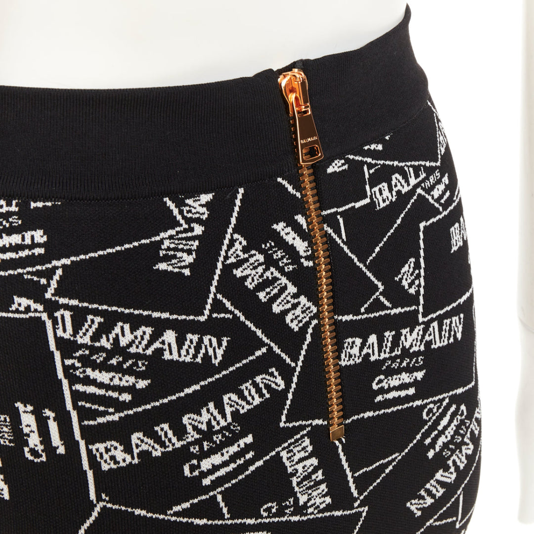 BALMAIN 2025 Label Jacquard Knit black white logo box intarsia skirt FR34 XS