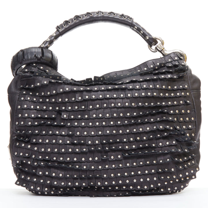 JIMMY CHOO Sky black studded suede fringe cuff strap hobo bag