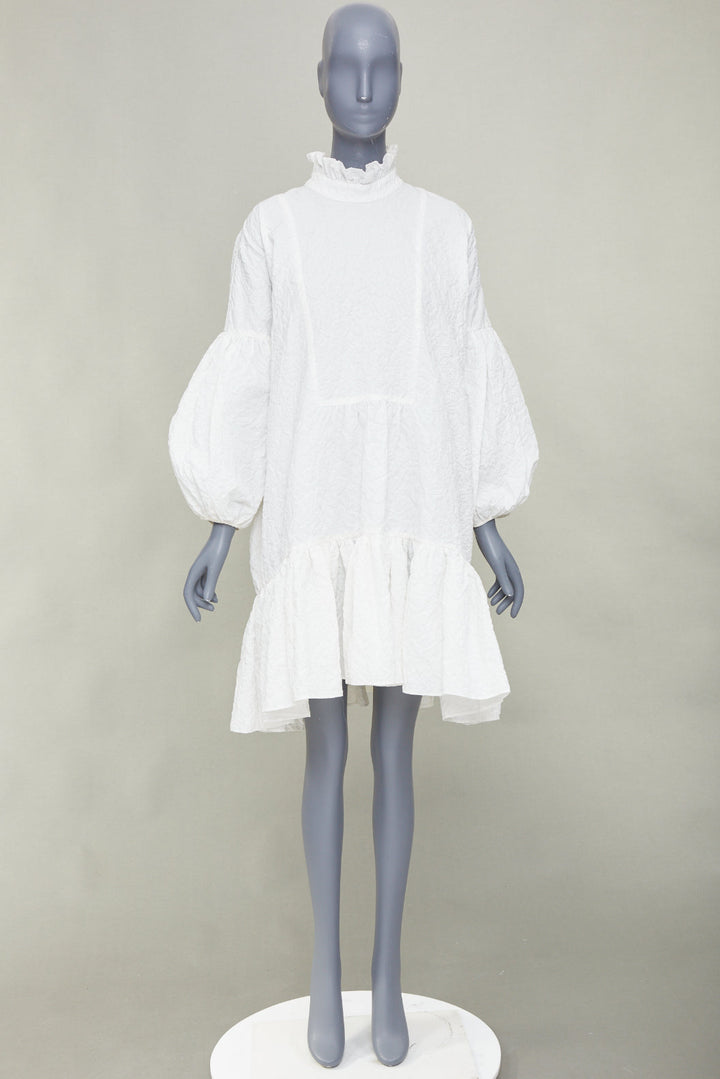 CECILIE BAHNSEN 2021 Belle white cloque high neck ruffle tier panel dress UK8 S