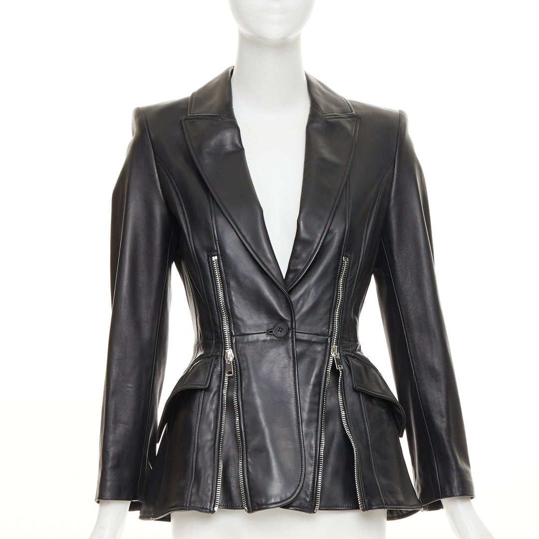 ALEXANDER MCQUEEN 2021 Zip Detail Peplum black lambskin leather blazer IT40 S
