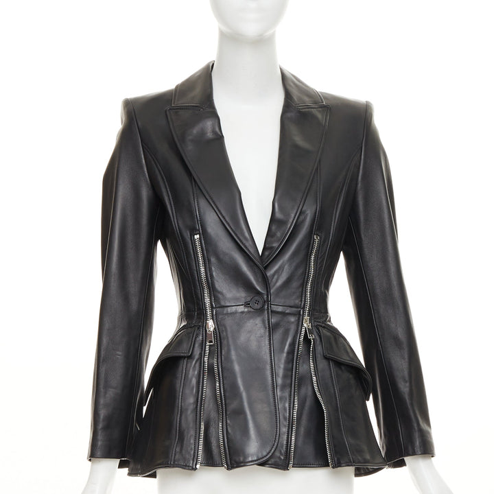 ALEXANDER MCQUEEN 2021 Zip Detail Peplum black lambskin leather blazer IT40 S