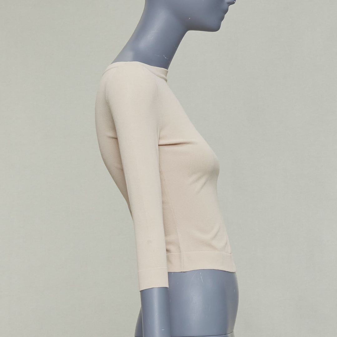 ALAIA light nude viscose blend cropped sleeved bateau neck sweater FR36 S