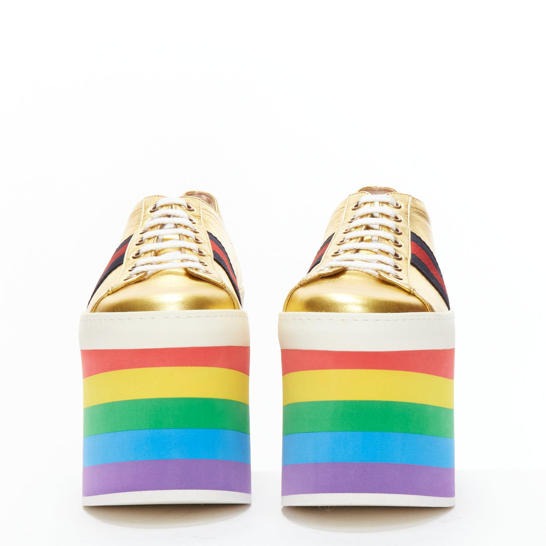 GUCCI Alessandro Michele Peggy rainbow gold web platform sneakers EU37.5