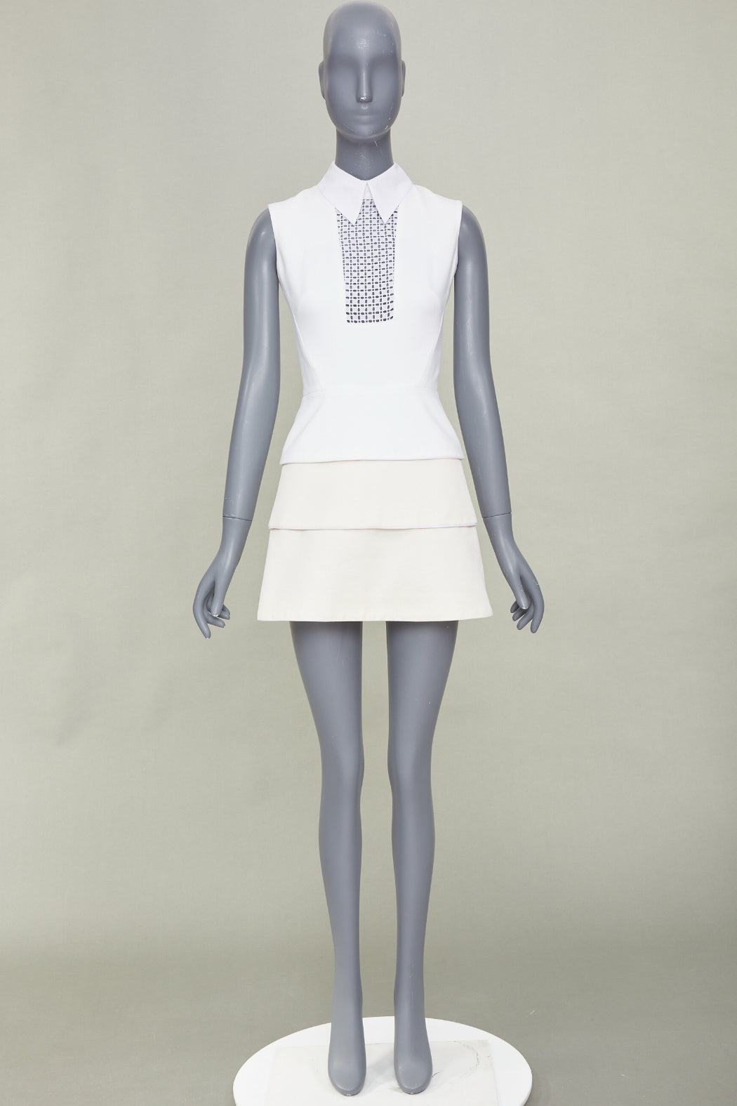 VICTORIA BECKHAM ivory cotton blend lattice bib tiered short mini dress UK6 XS