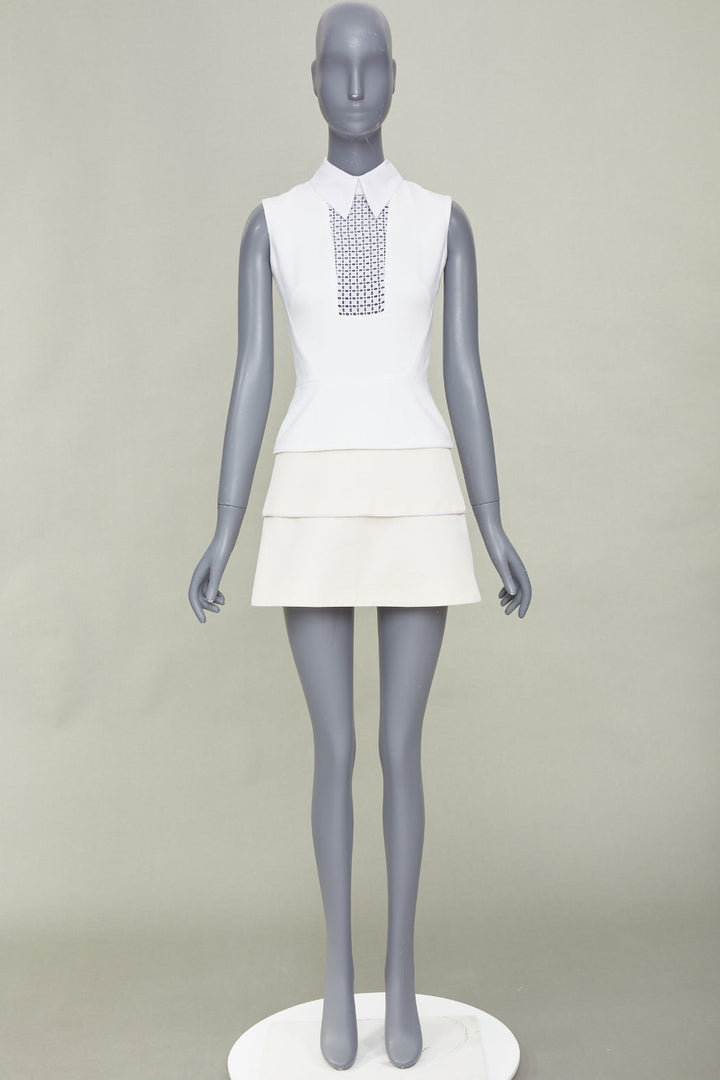 VICTORIA BECKHAM ivory cotton blend lattice bib tiered short mini dress UK6 XS