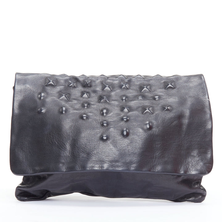 JAS MB black leather debossed stud flap oversized clutch bag