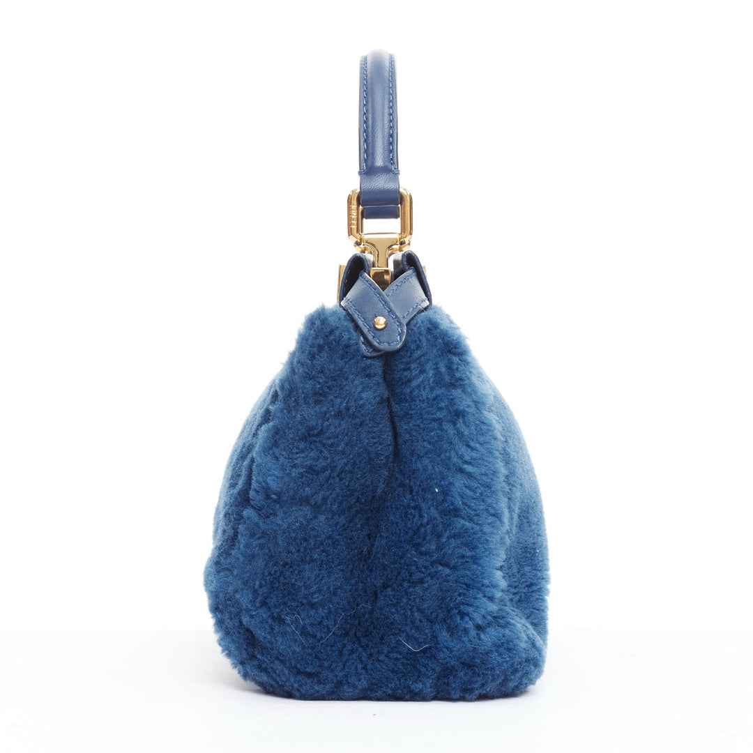 FENDI Peekaboo blue shearling fur gold hardware turnlock crossbody satchel