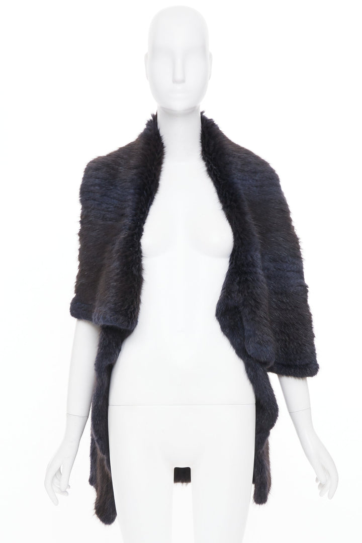 SYMETRIE PARIS black navy genuine fur satin snap buttons collared long gilet M