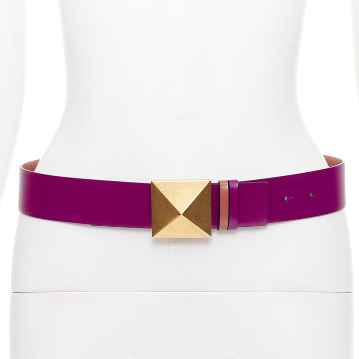 VALENTINO Reversible Rockstud One Stud purple red leather gold buckle belt 75/30