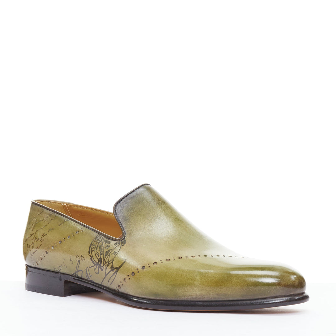 BERLUTI Cursive Galet Scritto green smooth leather script patina loafer UK8 EU42