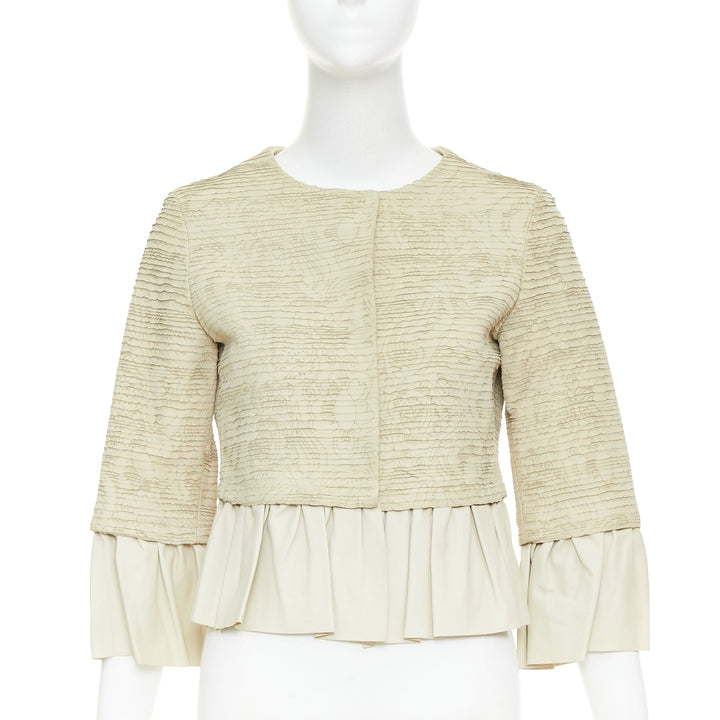 VALENTINO beige lambskin leather floral tiered laser cut ruffle jacket IT40 S