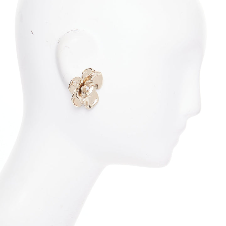 CHANEL 2024 L24B clear crystal gold tone camellia CC logo clip earring Pair