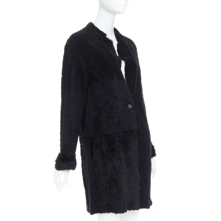 KARL DONOGHUE black lambskin shearling fur single button long coat L