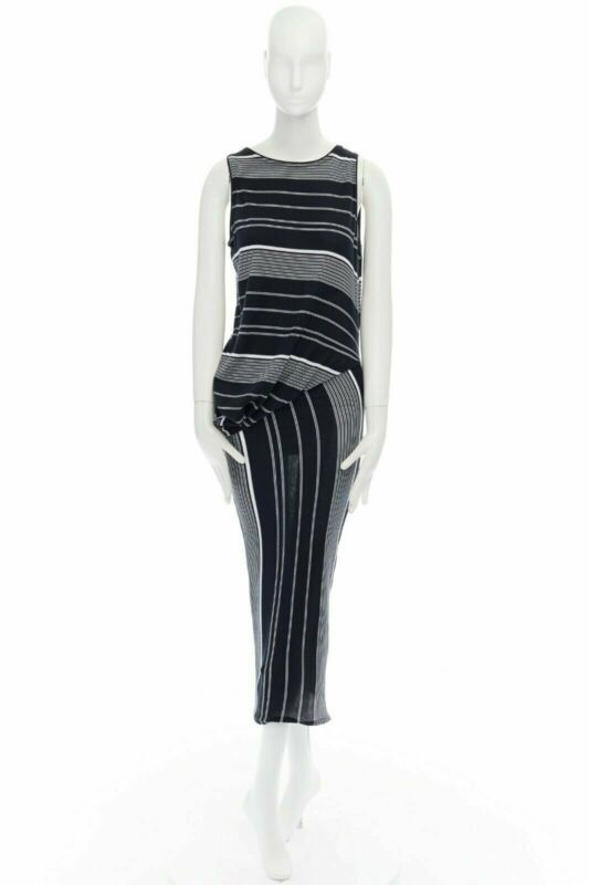 STELLA MCCARTNEY black white stripe knit draped waist stretch dress IT38 XS