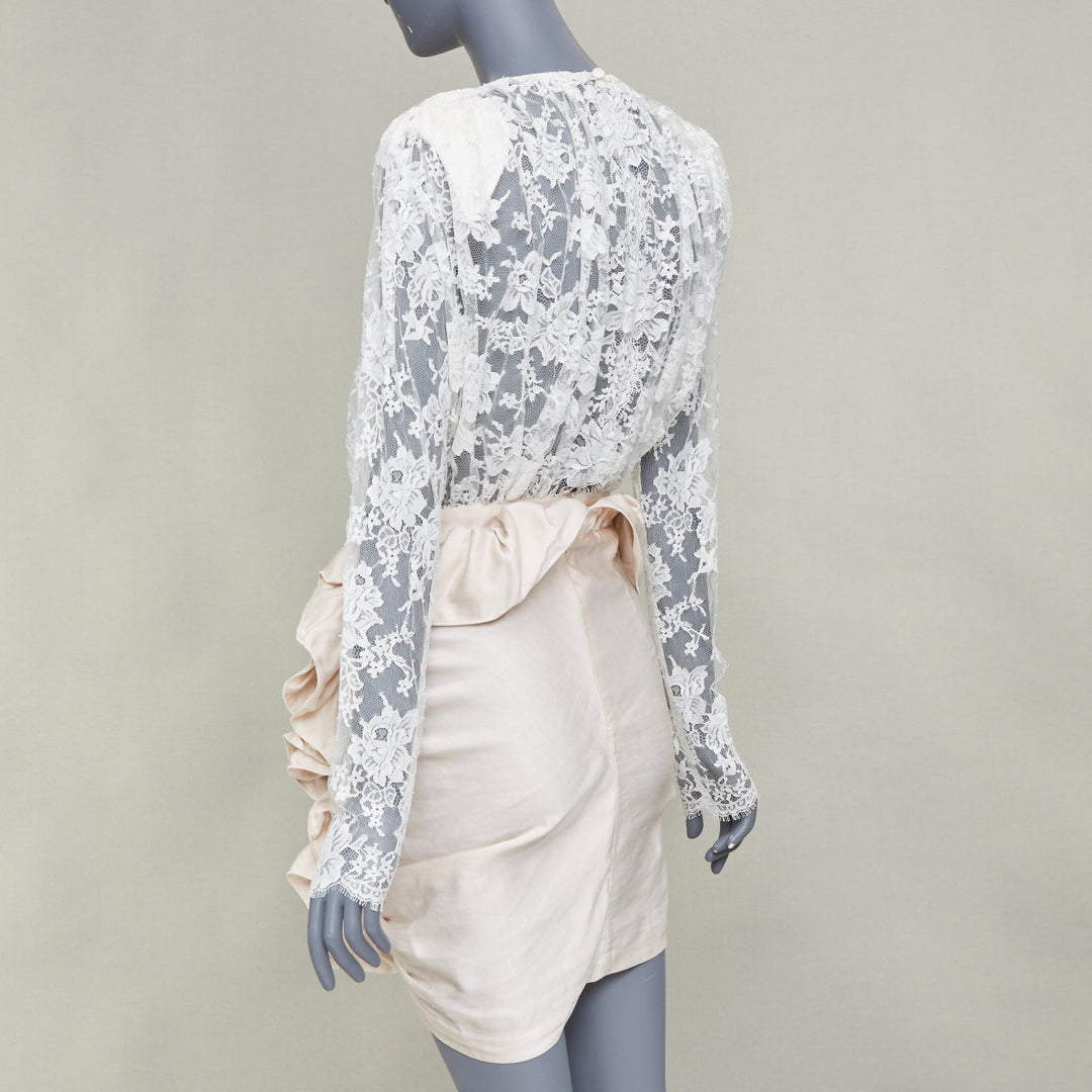 MAGDA BUTRYM Bridal Floral white lace ruffle draped satin mini dress FR34 XS