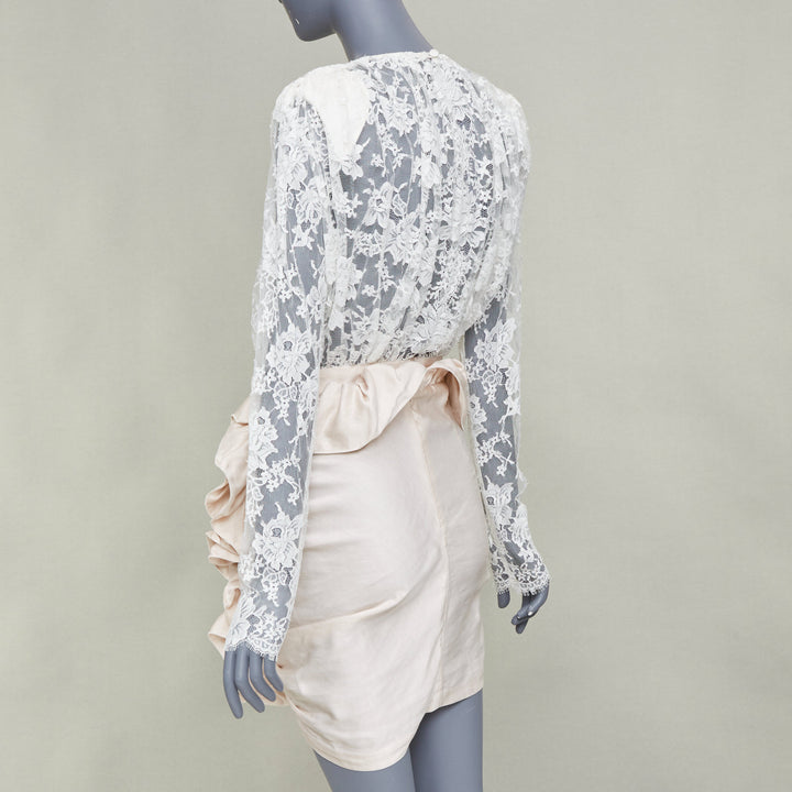 MAGDA BUTRYM Bridal Floral white lace ruffle draped satin mini dress FR34 XS