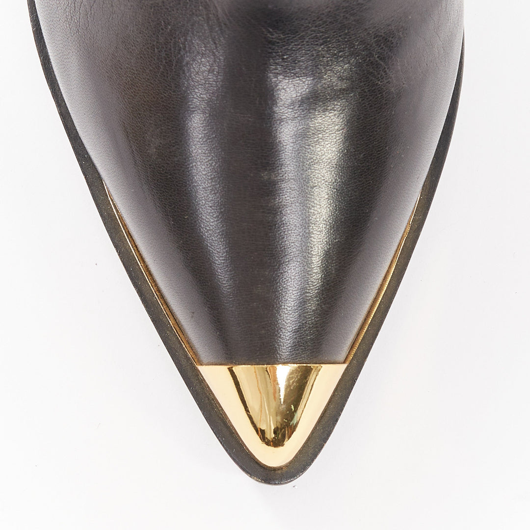 VERSACE 2014 Runway gold metal cap toe black leather thigh high boots EU37 US7