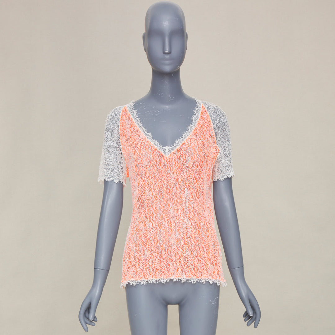 CHANEL 00P sheer orange white cotton lace layered knitwear top FR46 XL