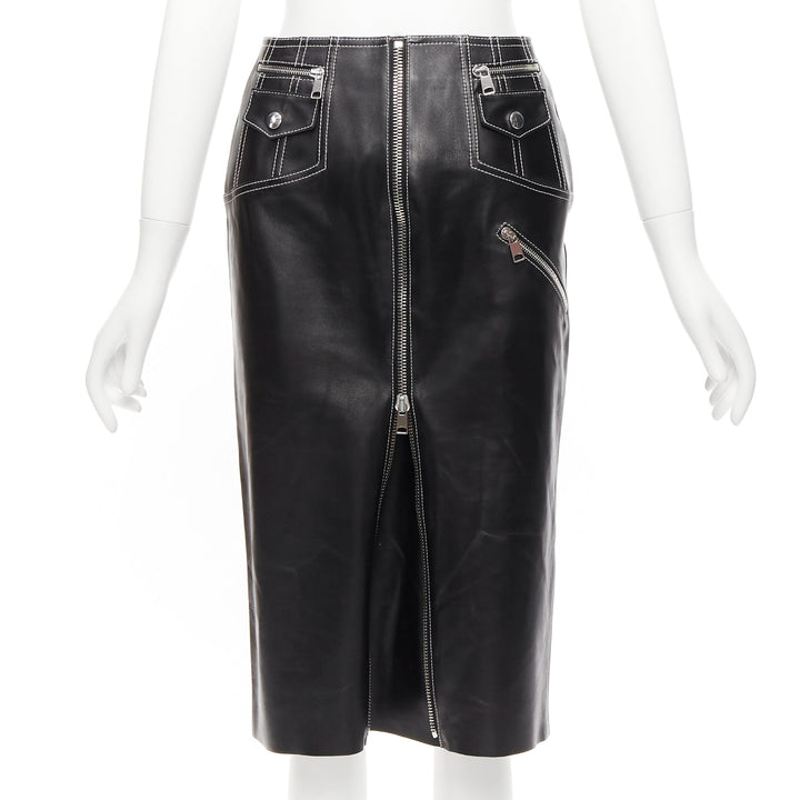 ALEXANDER MCQUEEN black leather white overstitch biker zip pencil skirt IT38 XS