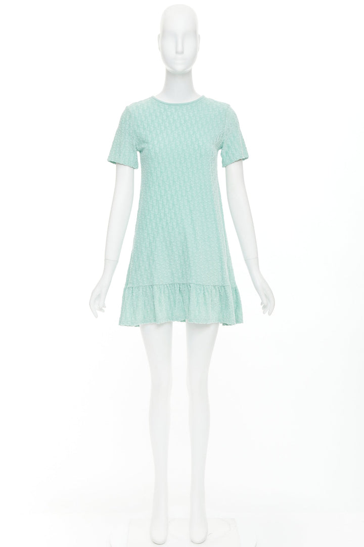 CHRISTIAN DIOR KIDS turquoise cotton velour monogram frill mini dress Yr12