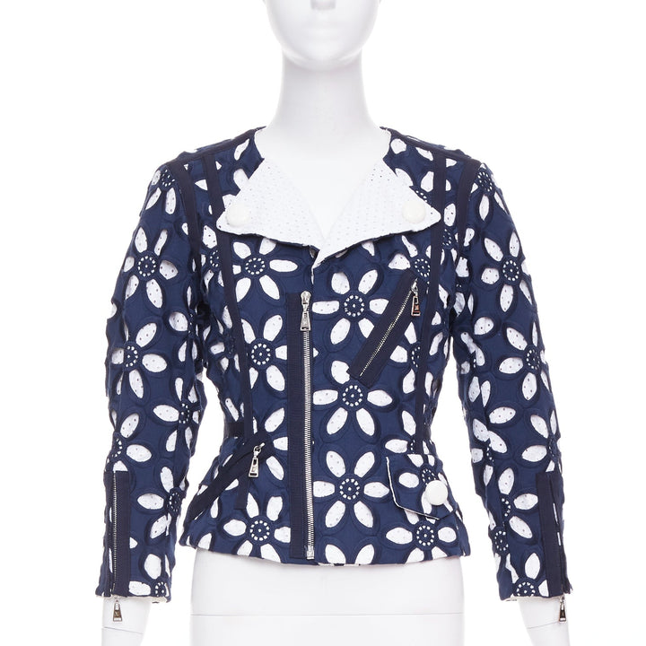 LOUIS VUITTON 2012 Runway navy floral embroidery anglais biker jacket FR38 M