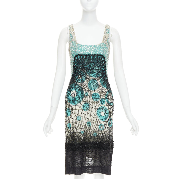 CAROLINA HERRERA teal green cream black silk fully beaded crystal dress US2 S